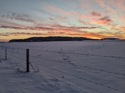Barbed wire fence with a snowy background and sunset at the farm in Bloomer, WI